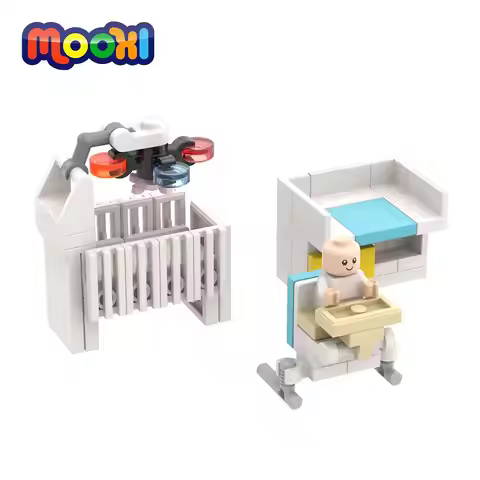MOOXI City Baby Room Set 53Pcs MOC Bricks Crib Baby Dining Table Chair Figures Parts Building Blocks