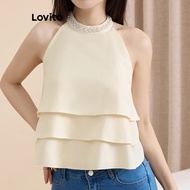 Casual Plain Ruffle Hem Pearls Tank Top for Women L109MD201