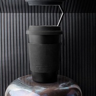 不鏽鋼咖啡杯外帶組合/鋼杯/皮套/矽膠蓋/霧黑/銀白