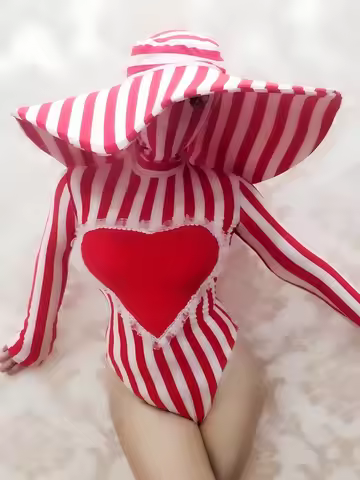 Festival Outfit Nightclub DS DJ Bar Pink Stripe Bodysuit Halloween Exaggerated Headdress Jumpsuit GO