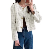 Women Korean Daily Casual Plaid Round Neck Long Sleeve Pockets Blazer