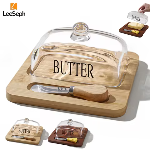 Leeseph Bamboo Butter Dish with Glass Lid and Cutter, Reusable Butter Storage Dish Butter Case, Butt