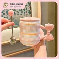 Ceramic cup with striking pink bow handle | Meaningful birthday gift | 400ml ceramic cup with lid an