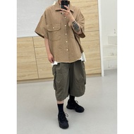 ▲Halo Selection▼Korea Korea FARMERS MARKET Retro Striped Cargo Shirt OVERSIZE Men Women Unisex 2 Col