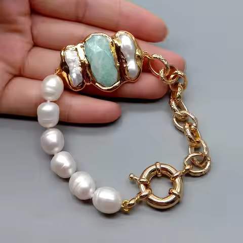 YYGEM natural White Rice Freshwater Pearl Gold Filled Amazonite Biwa Pearl Chain Bracelet 8" vintage