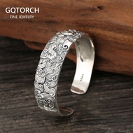 19MM Wide Cuff Bangles for Men Dragon Carved Ethnic Open Bangle 925 Sterling Silver Buddhism Jewelry