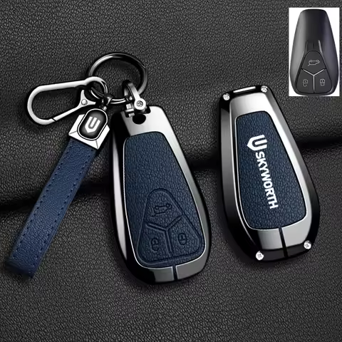 Car Zinc Alloy Leather Key Case Cover Holder Chain For Skyworth EV6 Skywell ET5 HT-i HTI Imperium SE