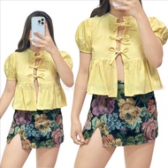 TEYS Ganni Ribbon Top for Women Puff Sleeve Blouse Free Size