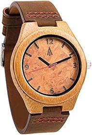 Men's Maple Burl Bamboo Wooden Watch with Genuine Brown Leather Strap Quartz Analog with Miyota Move