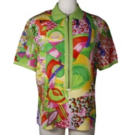 二手 Gianni VERSACE馬球衫，絲綢，義大利製造，黃綠色，女式