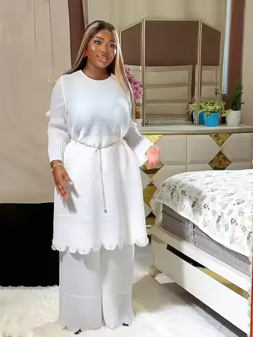 ANLAN 2025 New Large Size Miyake Pleated Solid Pants Suit Beaded Micro-lazy Long-sleeved Top+straigh