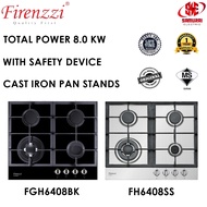 [FREE SHIP] Firenzzi 4 Burner Gas Hob Total 8.0KW Power FGH6408 BK Glass/ FH6408 SS Stainless Steel