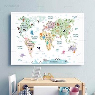World Map Poster Prints Pastel Nursery Decor Safari Animal Theme World Map Wall Art Canvas Painting for Kids Room Decoration