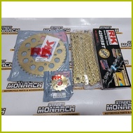☌ ╭ ➢ RK STEEL GOLD / NICKEL CHAIN SET WITH TAKASAGO ENGINE SPROCKET FOR SNIPER 150/SNIPER 155/R15