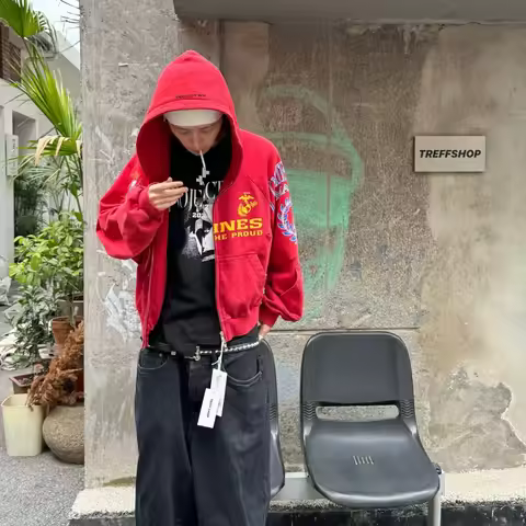 Grailz Project G/R High-Quality Patchwork Zipper Cardigan Sweatshirt Jacket Embroidered Red Hoodie