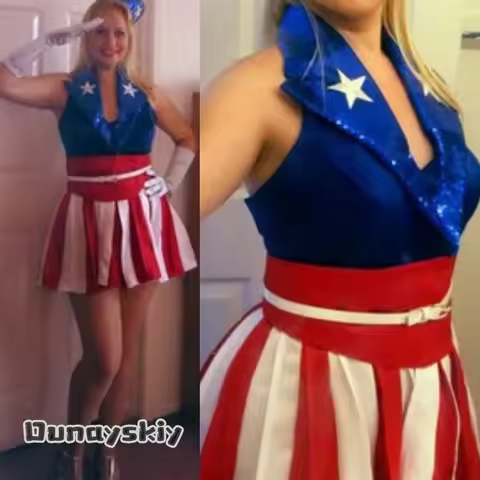 CR6.18*American Red US White Striped Star Dress Women Captain Cosplay Flag Cheerleading Outfit Club 