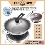 🏠READY STOCK🏠316 Stainless Steel Non Stick Frying Pan Non-stick Wok 26/28/30/32/34 cm Kuali PFOA Fre
