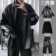 ﺴ[Sut tiga helai] Kolar baju kulit hitam baharu musim luruh lelaki gaya Hong Kong retro bajingan jaket jaket kulit PU ka