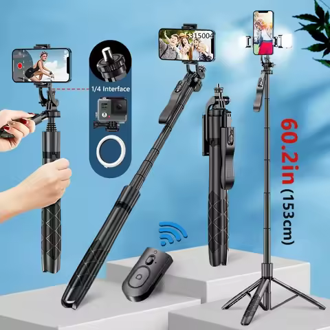 FANGTUOSI 2023 NEW Foldable Bluetooth Selfie Stick Tripod 1530mm with Bluetooth Shutter Fille Light 