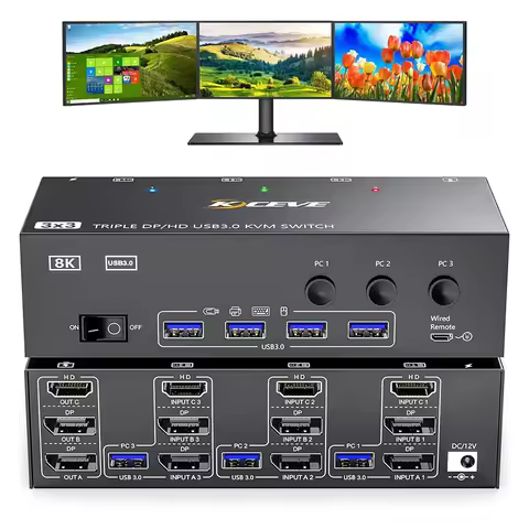 8K@60Hz 3Computers 3 Monitors KVM Switch HDMI-compatible+DisplayPort USB3.0 KVM Switcher 4k@144Hz Tr