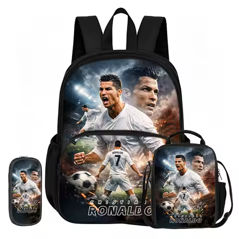 Ronaldo 3 Pcs set with Front Pocket Backpack Learn, Travel Football Star School Bag Lunch bag, Penci