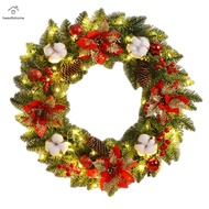 Christmas Round Wreath Artificial Hanging Garlands with Spruce Pine Cones Berry Ball Light Up for Wa