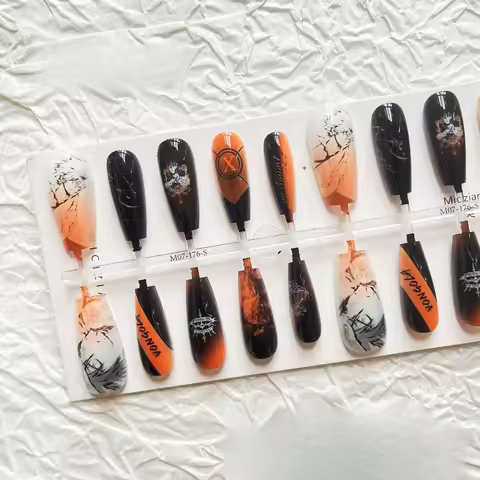Sawada Tsunayoshi Rokudou Mukuro Orange Purple Fake Nails Gradient Mid Length Manicure Tips Anime Me