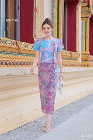 Kety Smile เสื้อผ้าคอตต้อนพิมลายปาเต๊ะ ผ้าถุงผ้าคอตต้อนพิมลายปาเต๊ะ อัดกาวทั้งชุด ผ่าหน้า (S-2XL) N7