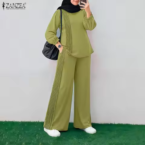 Fashion Muslim Sets 2026 ZANZEA Women Casual O Neck Long Sleeve Tops Pant Sets Solid Pleated Work Ou