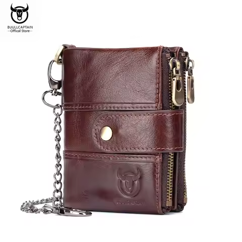 BULLCAPTAIN Men's Genuine Leather Wallet Rfid Function High Quality Leather Fashion Chain Multifunct