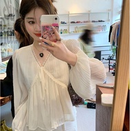 BH Korean women's Lace Chiffon blouse long sleeve V neck