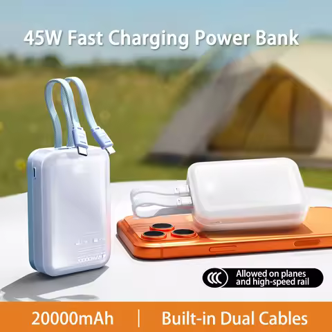20000mAh Portable Power Bank 45W Type-C Super Fast Charging Built-in Dual Charging Cables for iPhone