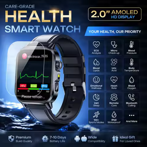 2.0'' AMOLED Care-Grade Smart Watch ECG+PPG Heart Rate Blood Lipid Uric Acid Monitor Bluetooth Call 