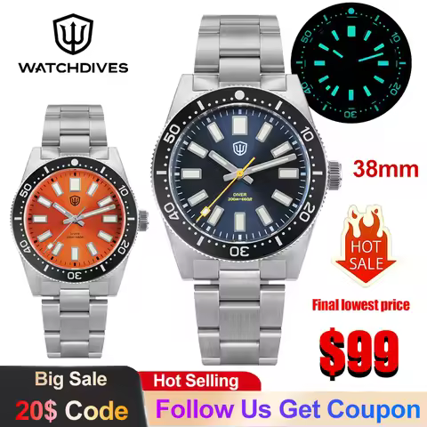 Watchdives WD1965 Men's Watch VH31 Sweep Second Quartz Movement 38mm Luxury Watch Sapphire BGW9 Lume