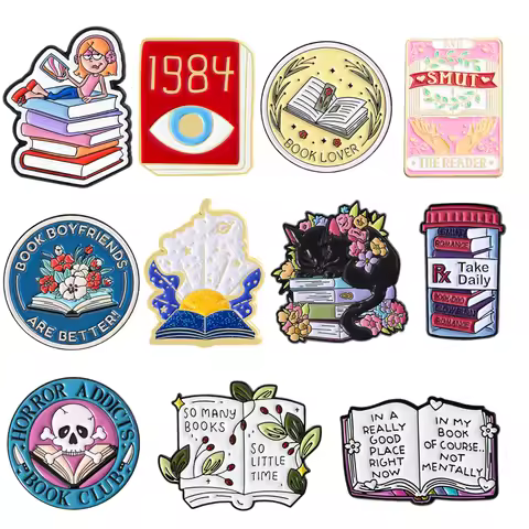 Cartoon Book Metal Pin Lapel Brooch Girl 1984 Eye Starry Sky Black Cat Dragon Magic Book Creative Ba