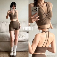 [Fitness Sportswear] V-Neck Twist Halter Suit Women Shockproof Gathering Pilates Fitness Training Tw