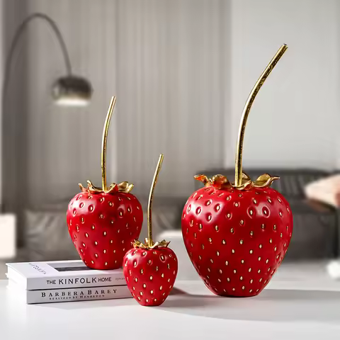 Gold Strawberry Figurine Decorative Figurines Simulation Strawberry Fruit Display Resin Crafts Home 