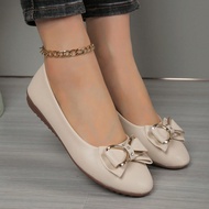 ผู้หญิงรอบ Toe ขนาดใหญ่ Beige Bow Knot SLIP-ON สบายรองเท้าบัลเล่ต์