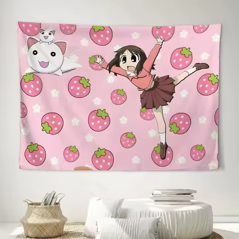VIKAMA Azumanga Daioh Tapestry Kasuga Ayumu Osaka with Cat, Strawberries and Pink Background Wall Ha