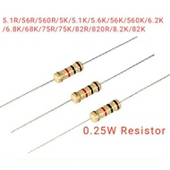 10pcs Resistor 0.25w +-5% (5.1R/56R/560R/5K/5.1K/5.6K/56K/560K/6.2K/6.8K/68K/75R/75K/82R/820R/8.2K/8