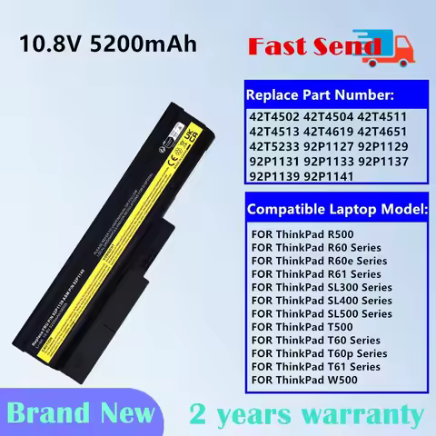 Laptop Battery for Lenovo ThinkPad R500 R60 R60e R61 R61e R61i SL300 SL400 SL500 T500 T60 T60p T61 T