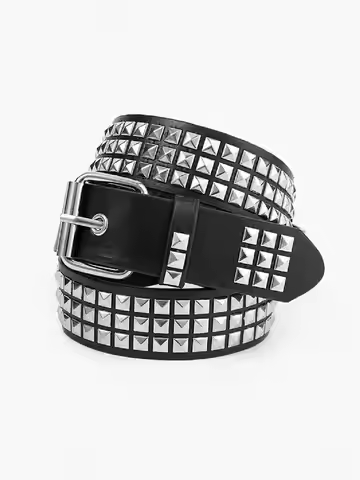 Unisex Punk 3-Row Studded Belt, Black PU Leather, Retro Rock Y2K Decorative Belt