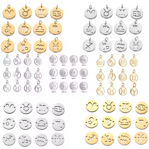 12pcs/lot Stainless Steel Mixed Zodiac Charms 12mm Mirror Polish Zodiac Signs Twelve Constellation D