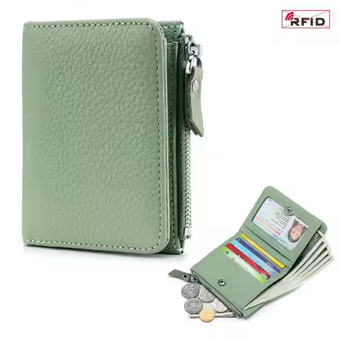 Women Genuine Leather Slim Short Wallet RFID Blocking Bi-Fold Wallet Credit Card Holder money clip w