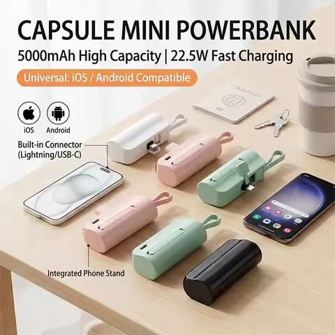 Portable Mini Power Bank PURFIELD 5000mAh Capsule Mini Power Bank Portable Compact Built-in Cable Po