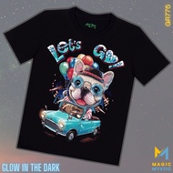 Black T-shirt Rock Chang Original Funny Dog Driving Car Let's Go Realistic Print Glow in the Dark Un