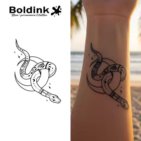 Boldink Herbal Ethereal Moon Snake Motif Decal Tattoo for Spiritual Seekers, Astrological Symbol Ent