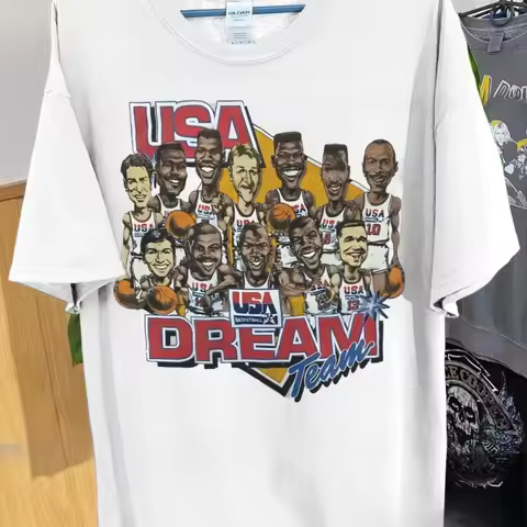 New Men's Summer Vintage Style 1992 Basketball Cotton T-shirt O Neck Tops Breathable 90s Dream Team 