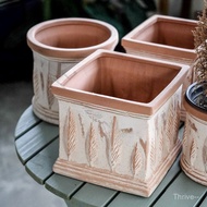 Red Pottery Flowerpot Handmade Old Emperor Roman Pottery Pot Square Stoneware Pot Breathable Outdoor