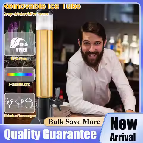 3L Beer Dispenser Beer Tower with Spigot & Ice Tube Beverage Dispenser LED Transparent Alcohol Drink
